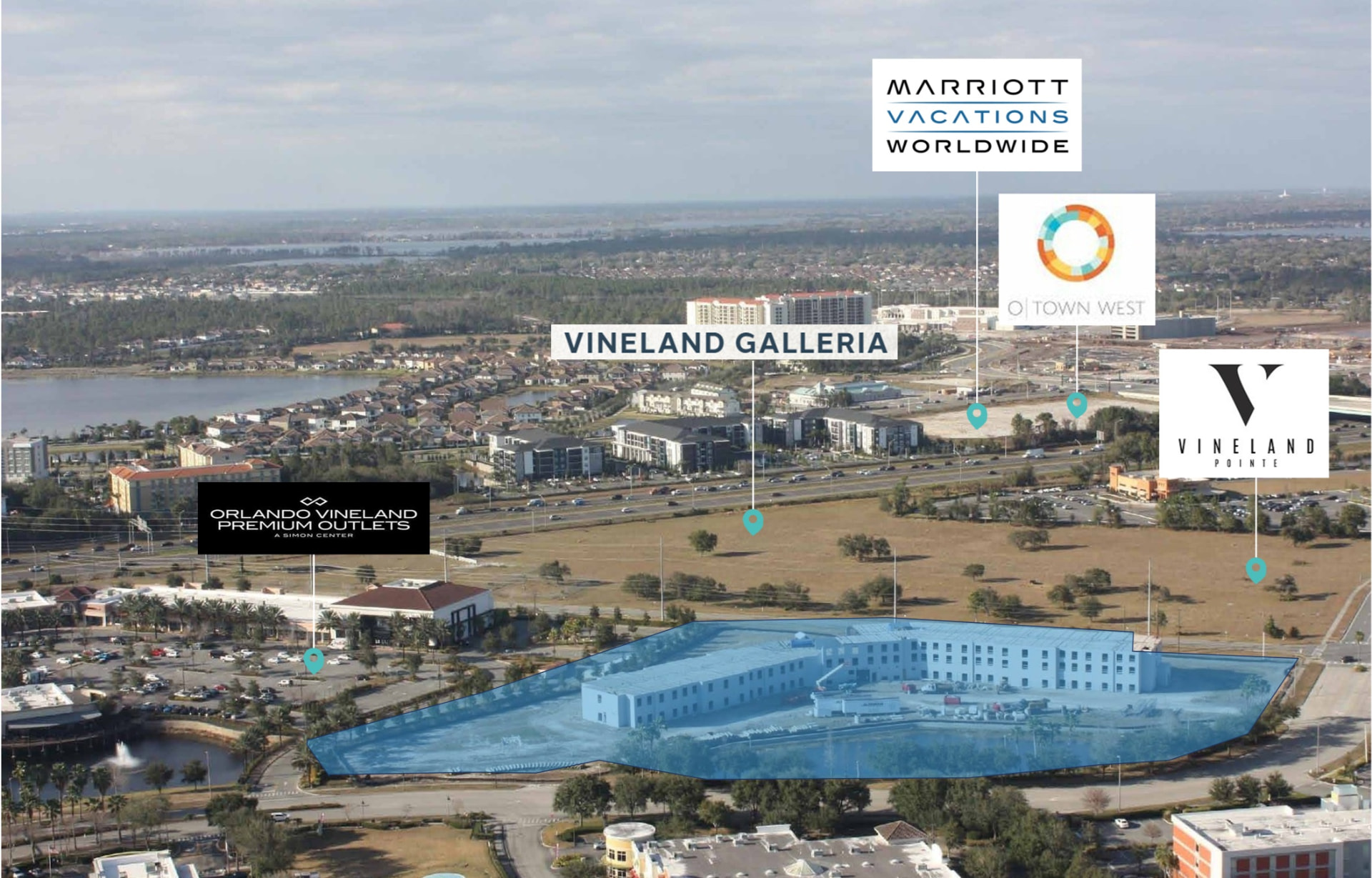 Aerial view of the site outlined in blue adjacent to Orlando Vineland Premium Outlets and Vineland Galleria